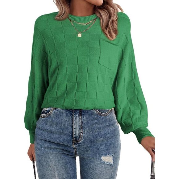 Women's Casual Crewneck Long Sleeve Lightweight Checkered Knit Pullover Sweater - Picture 2 of 5